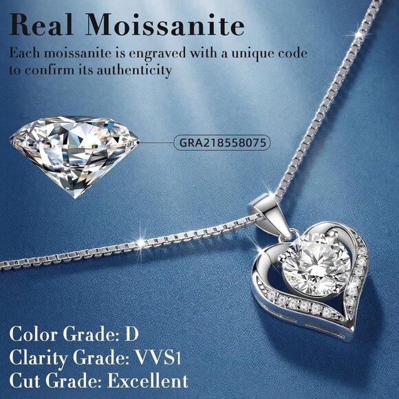 Sterling Silver Heart Moissanite Necklace for Women, 1 Carat, Elegant Gift - Picture 3 of 6